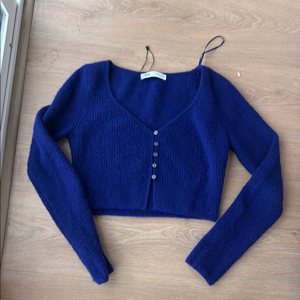 Zara Royal Blue Buttoned Cropped Sweater